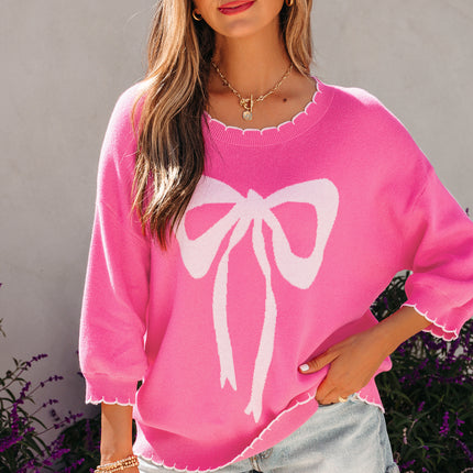 Sachet Pink Big Ribbon Bow Print Contrast Stitch Trim Drop Shoulder Sweater