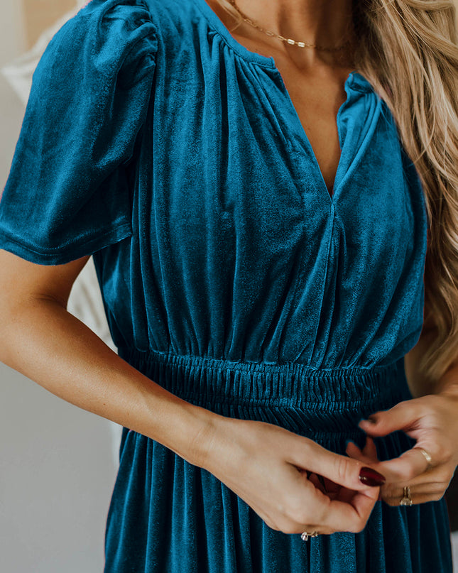 Prussian Blue Velvet Short Sleeve Shirred Waist Tiered Maxi Dress