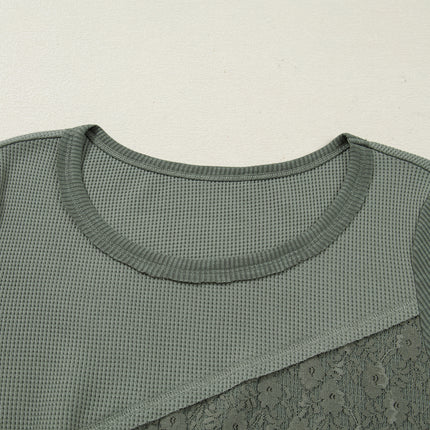 Sage Green Solid Color Waffle Ribbed Lace Patchwork Long Sleeve Top