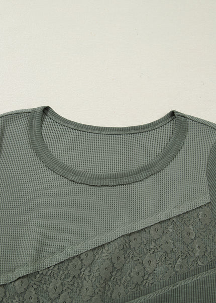 Sage Green Solid Color Waffle Ribbed Lace Patchwork Long Sleeve Top