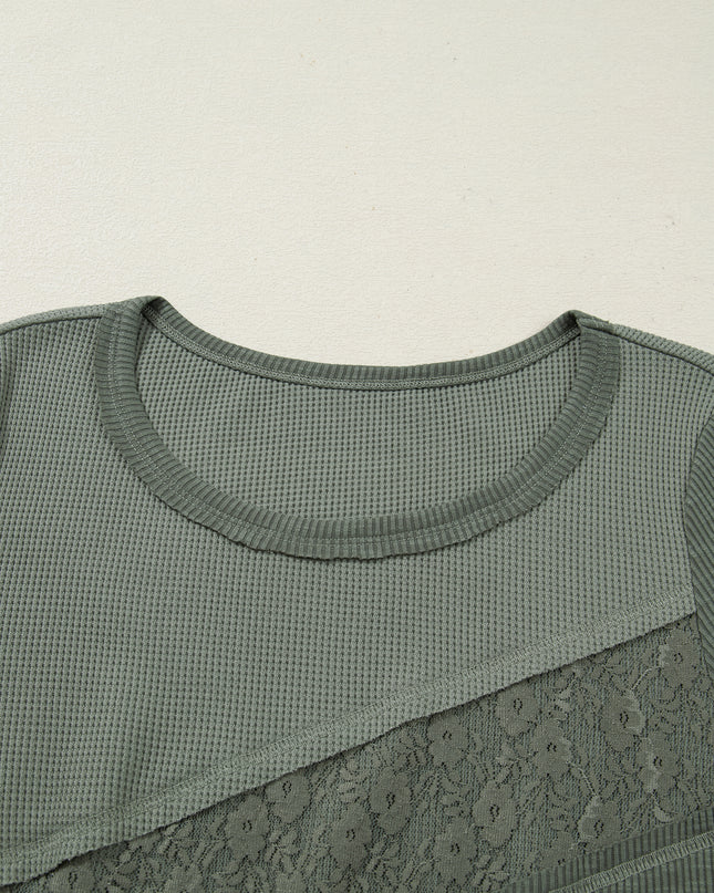 Sage Green Solid Color Waffle Ribbed Lace Patchwork Long Sleeve Top