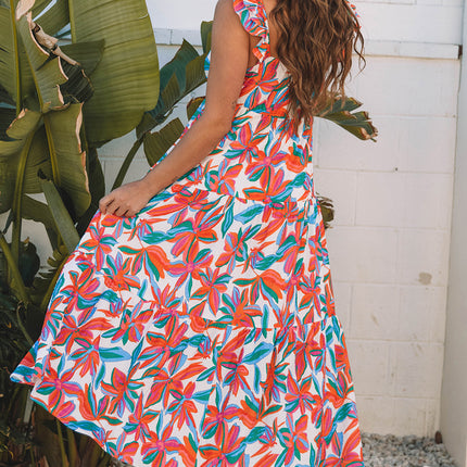 Red Boho Floral Ruffled Strap V Neck Maxi Dress