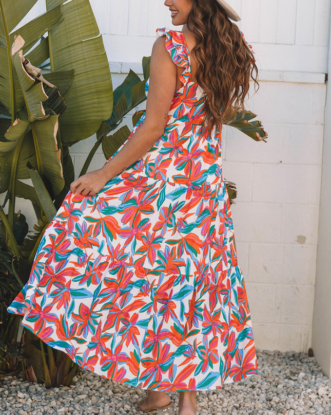 Red Boho Floral Ruffled Strap V Neck Maxi Dress