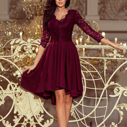 210-13 NICOLLE - dress with longer back with lace neckline - plum