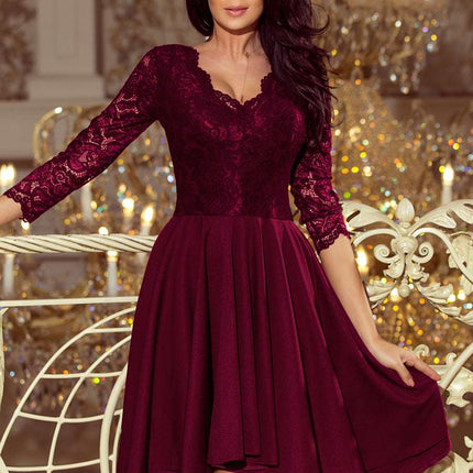 210-13 NICOLLE - dress with longer back with lace neckline - plum