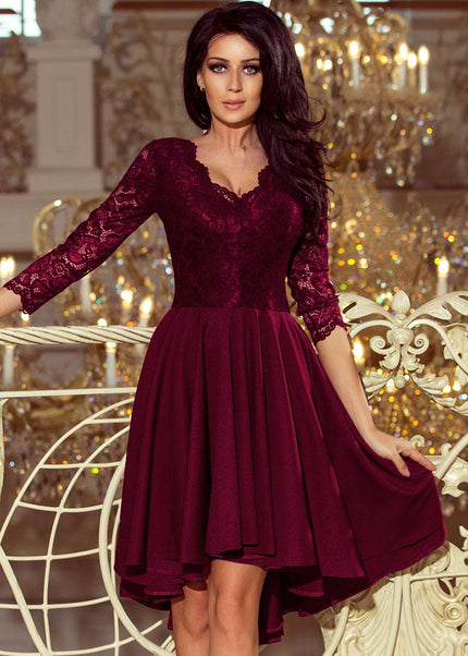 210-13 NICOLLE - dress with longer back with lace neckline - plum