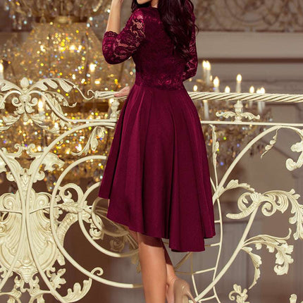210-13 NICOLLE - dress with longer back with lace neckline - plum