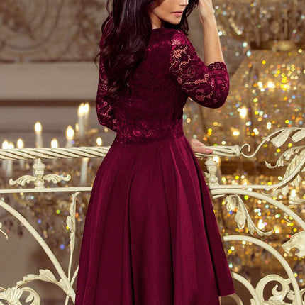 210-13 NICOLLE - dress with longer back with lace neckline - plum
