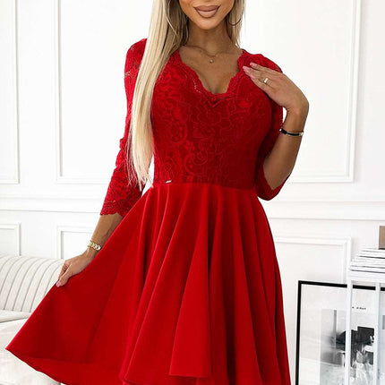 210-16 NICOLLE - dress with lace neckline and longer back - red