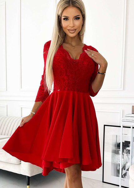 210-16 NICOLLE - dress with lace neckline and longer back - red