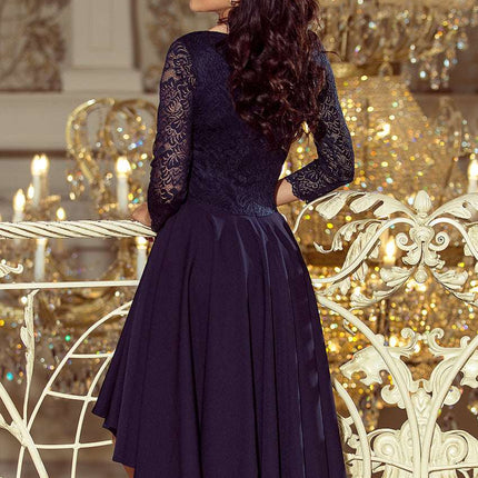 210-2 NICOLLE - dress with longer back with lace neckline - navy blue
