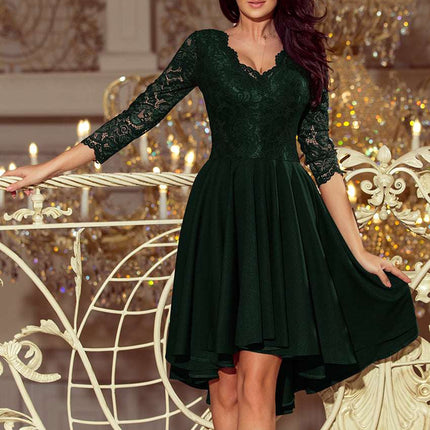 210-3 NICOLLE - dress with longer back with lace neckline - dark green
