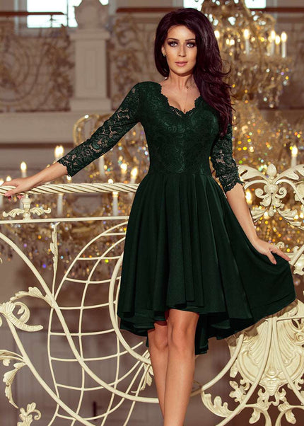 210-3 NICOLLE - dress with longer back with lace neckline - dark green