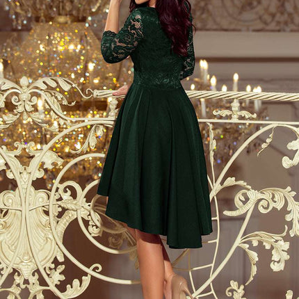 210-3 NICOLLE - dress with longer back with lace neckline - dark green