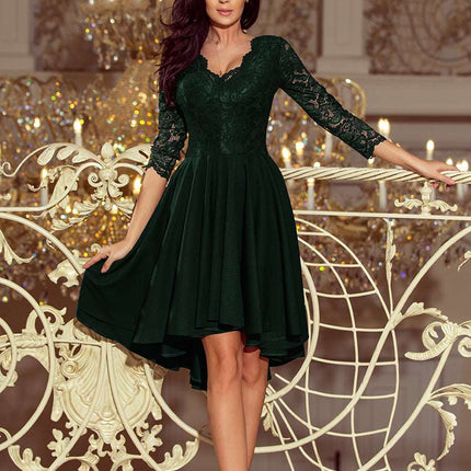 210-3 NICOLLE - dress with longer back with lace neckline - dark green