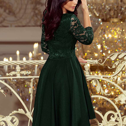210-3 NICOLLE - dress with longer back with lace neckline - dark green