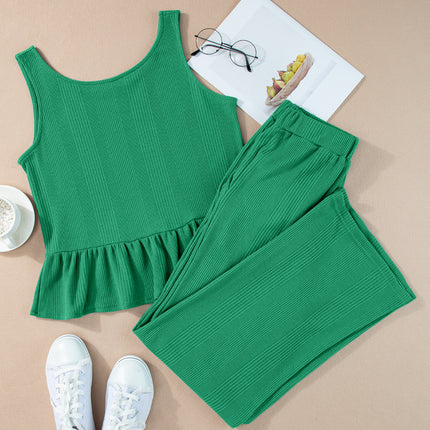Beau Blue Solid Color Ribbed Ruffle Tank Top and Pants Set