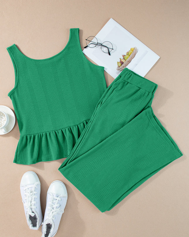 Beau Blue Solid Color Ribbed Ruffle Tank Top and Pants Set