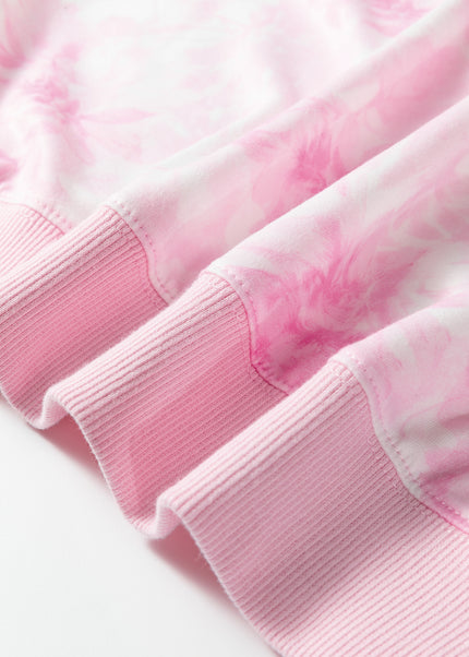 Pink Abstract Woodland Print Asymmetric Shoulder Long Sleeve Top