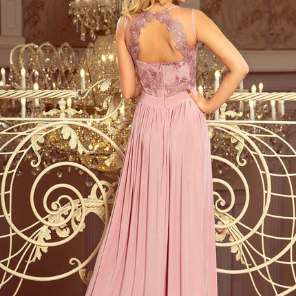 215-5 LEA long sleeveless dress with embroidered cleavage - TAUPE