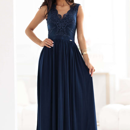 215-6 LEA long elegant maxi dress with lace top and slit on the leg - navy blue
