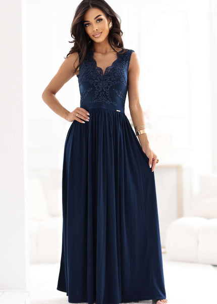 215-6 LEA long elegant maxi dress with lace top and slit on the leg - navy blue