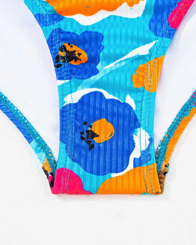 Sky Blue Adjustable Straps Ribbed Knit One Piece Swimsuit