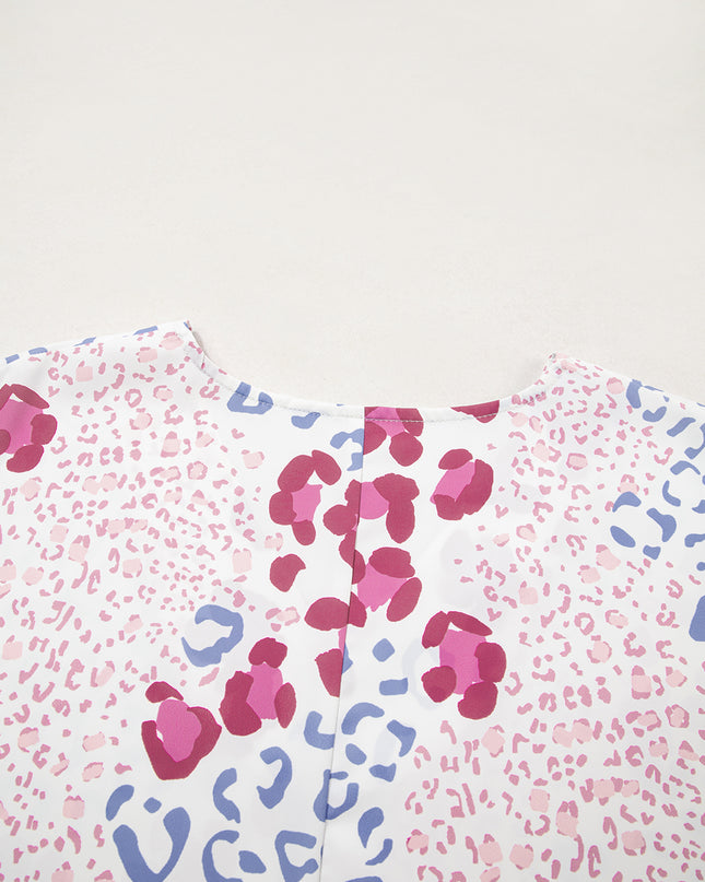 Leopard Print V Neck Short Sleeve Blouse