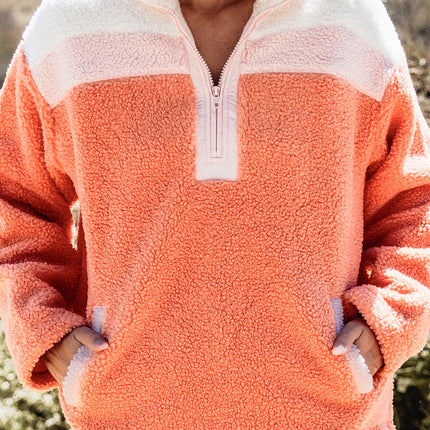 Orange Colorblock Half Zipper Stand Neck Sherpa Sweatshirt