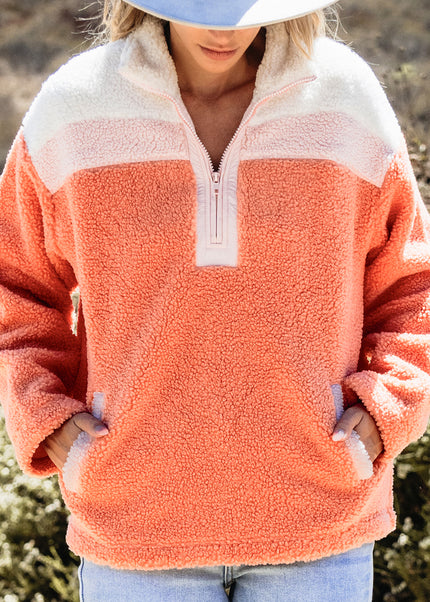 Orange Colorblock Half Zipper Stand Neck Sherpa Sweatshirt