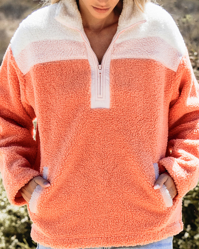 Orange Colorblock Half Zipper Stand Neck Sherpa Sweatshirt