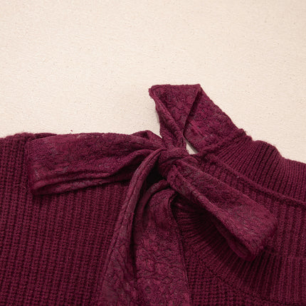 Burgundy Lace Bowknot Asymmetric Neck Sweater
