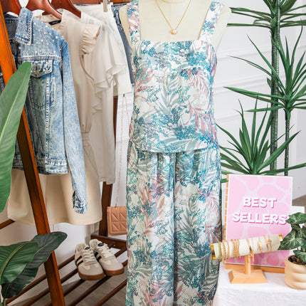 Green Tropical Palm Printed Cropped Tank Drawstring Wide Leg Pant Set