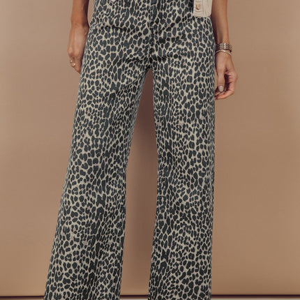 Black Leopard Print Wide Leg High Waist Jeans