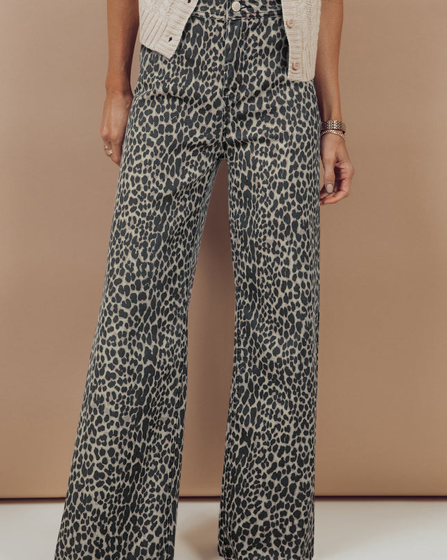 Black Leopard Print Wide Leg High Waist Jeans