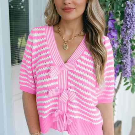 Pink Stripe Short Sleeve Knit V Neck Bow Knot Sweater
