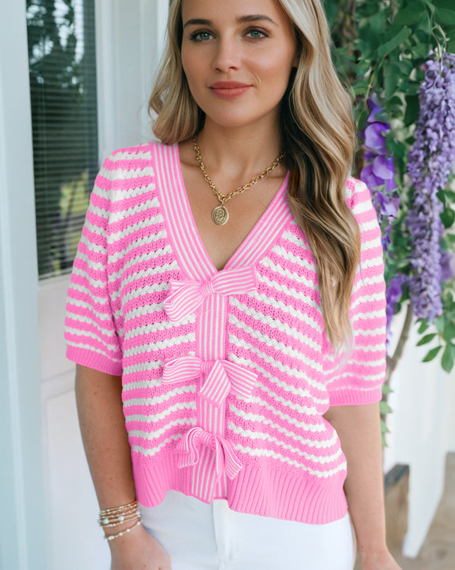 Pink Stripe Short Sleeve Knit V Neck Bow Knot Sweater