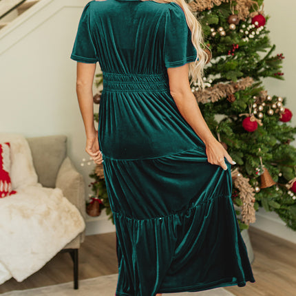 Prussian Blue Velvet Short Sleeve Shirred Waist Tiered Maxi Dress