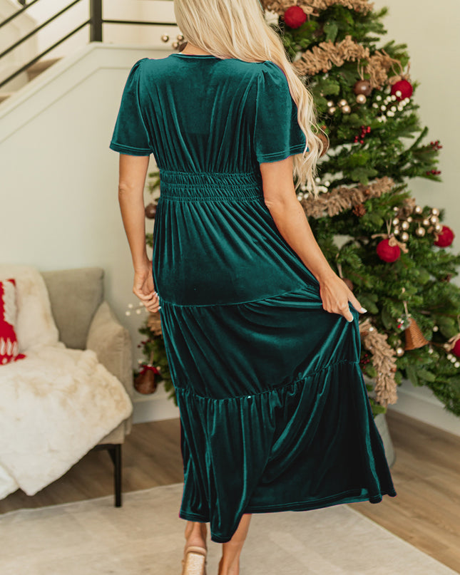 Prussian Blue Velvet Short Sleeve Shirred Waist Tiered Maxi Dress