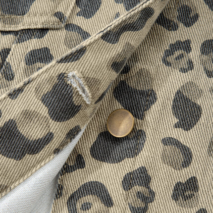 Khaki Retro Leopard Print Seam Detail Button Down Denim Jacket