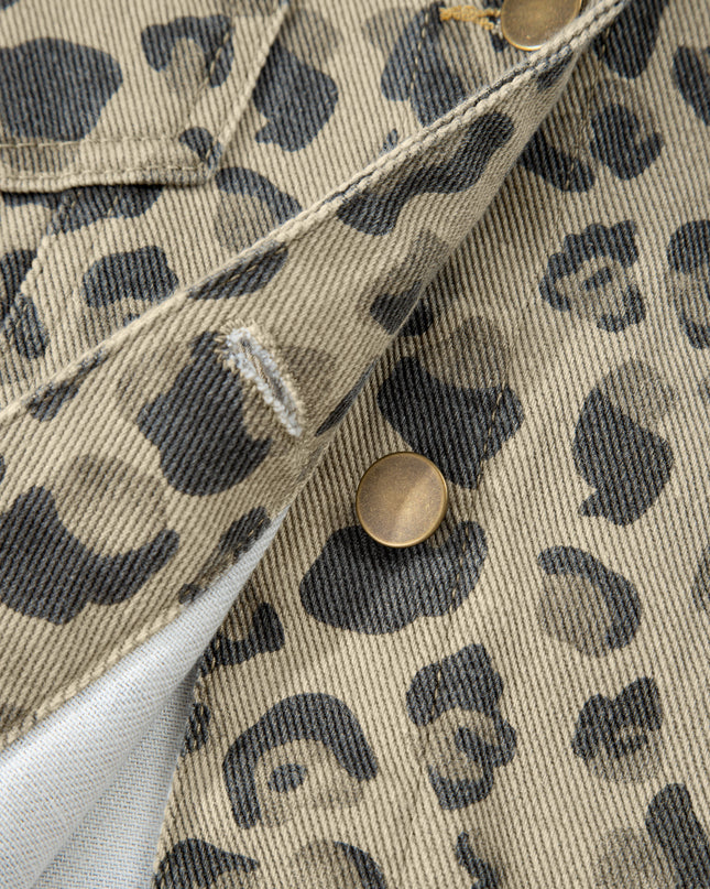 Khaki Retro Leopard Print Seam Detail Button Down Denim Jacket