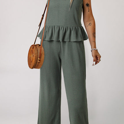 Beau Blue Solid Color Ribbed Ruffle Tank Top and Pants Set