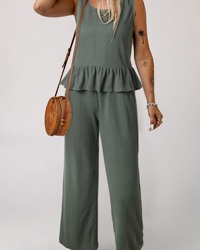 Beau Blue Solid Color Ribbed Ruffle Tank Top and Pants Set