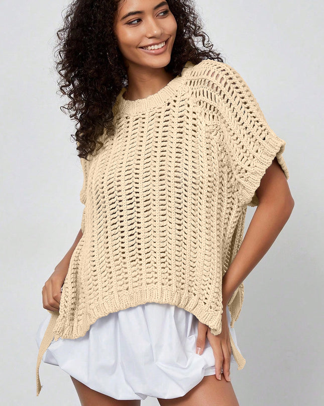 Apricot Plus Size Open Knit Bow Tie Short Sleeve Sweater