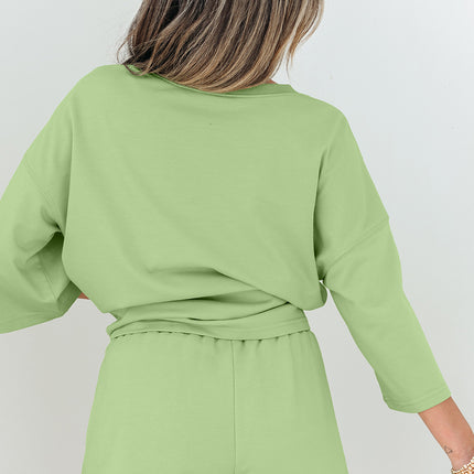 Meadow Mist Green Solid Loose V Neck Half Sleeve Tee and Shorts Set