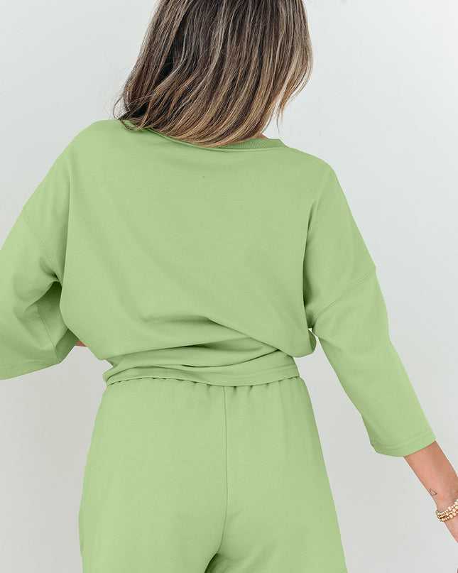 Meadow Mist Green Solid Loose V Neck Half Sleeve Tee and Shorts Set