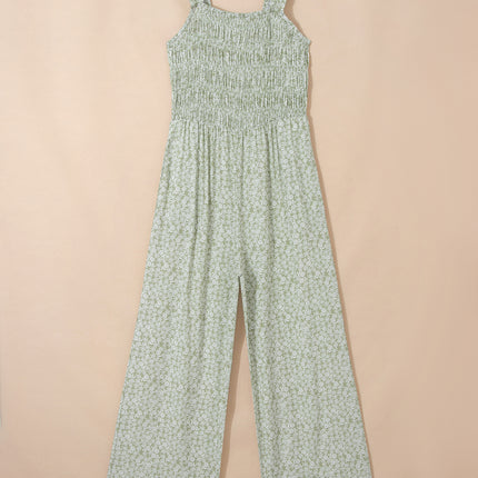Green Smocked Bodice Square Neck Sleeveless Floral Jumpsuit
