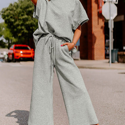 Black Textured Loose Fit T Shirt and Drawstring Pants Set