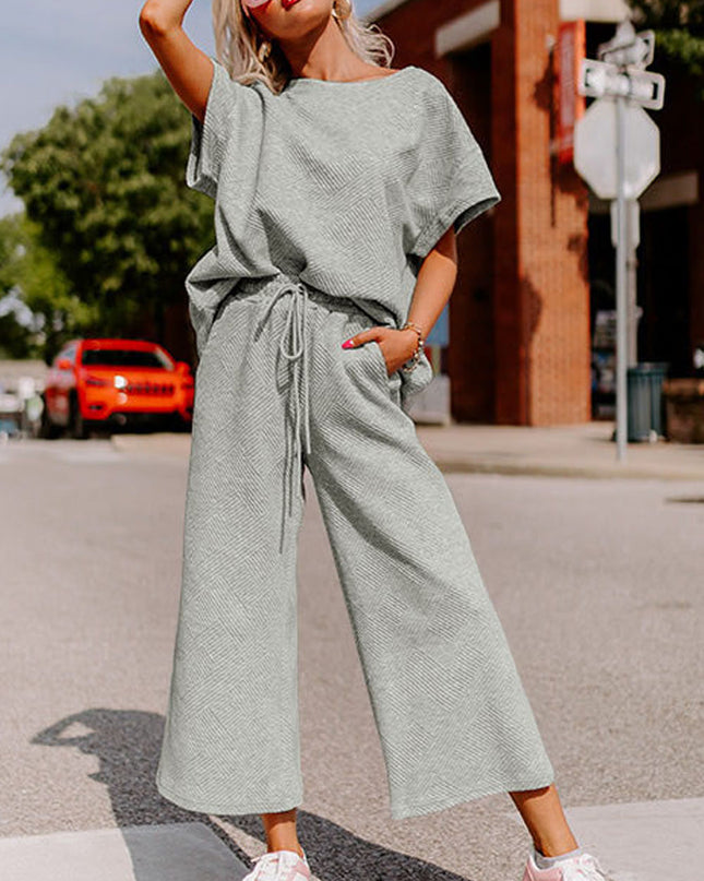 Black Textured Loose Fit T Shirt and Drawstring Pants Set