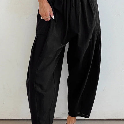 Black Drawstring Elastic Waist Patch Pocket Barrel Leg Casual Pants